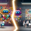 Modernes Büro mit bunter KI-Illustration, Chatbots, Roboterarmen und kreativen Mitarbeitern an Whiteboards und Laptops, getrennt durch eine leuchtende Linie, retro-inspirierte Werbeplakate im Hintergrund.