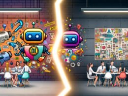 Modernes Büro mit bunter KI-Illustration, Chatbots, Roboterarmen und kreativen Mitarbeitern an Whiteboards und Laptops, getrennt durch eine leuchtende Linie, retro-inspirierte Werbeplakate im Hintergrund.