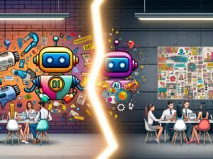 Modernes Büro mit bunter KI-Illustration, Chatbots, Roboterarmen und kreativen Mitarbeitern an Whiteboards und Laptops, getrennt durch eine leuchtende Linie, retro-inspirierte Werbeplakate im Hintergrund.