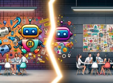 Modernes Büro mit bunter KI-Illustration, Chatbots, Roboterarmen und kreativen Mitarbeitern an Whiteboards und Laptops, getrennt durch eine leuchtende Linie, retro-inspirierte Werbeplakate im Hintergrund.