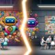 Modernes Büro mit bunter KI-Illustration, Chatbots, Roboterarmen und kreativen Mitarbeitern an Whiteboards und Laptops, getrennt durch eine leuchtende Linie, retro-inspirierte Werbeplakate im Hintergrund.