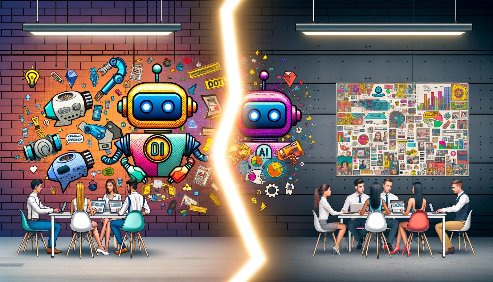 Modernes Büro mit bunter KI-Illustration, Chatbots, Roboterarmen und kreativen Mitarbeitern an Whiteboards und Laptops, getrennt durch eine leuchtende Linie, retro-inspirierte Werbeplakate im Hintergrund.