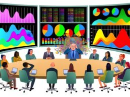 Illustration eines überladenen Dashboards mit bunten Kurven und Tortendiagrammen, umgeben von ratlosen Teammitgliedern, die auf die Zahlenflut starren, während der Chef zufrieden schaut.