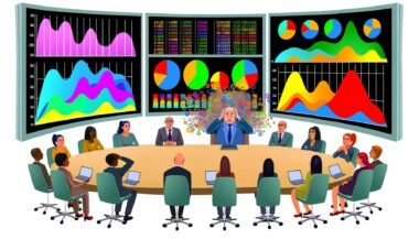 Illustration eines überladenen Dashboards mit bunten Kurven und Tortendiagrammen, umgeben von ratlosen Teammitgliedern, die auf die Zahlenflut starren, während der Chef zufrieden schaut.