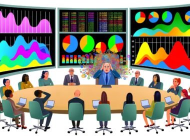 Illustration eines überladenen Dashboards mit bunten Kurven und Tortendiagrammen, umgeben von ratlosen Teammitgliedern, die auf die Zahlenflut starren, während der Chef zufrieden schaut.