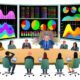 Illustration eines überladenen Dashboards mit bunten Kurven und Tortendiagrammen, umgeben von ratlosen Teammitgliedern, die auf die Zahlenflut starren, während der Chef zufrieden schaut.