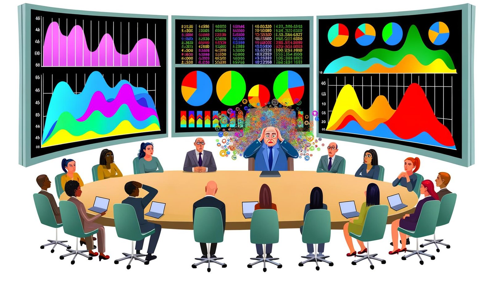Illustration eines überladenen Dashboards mit bunten Kurven und Tortendiagrammen, umgeben von ratlosen Teammitgliedern, die auf die Zahlenflut starren, während der Chef zufrieden schaut.