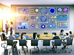 Stylisches Marketingbüro mit großem interaktivem Dashboard und professionellen Mitarbeitern, die Echtzeit-Marketingdaten von verschiedenen Plattformen analysieren.
