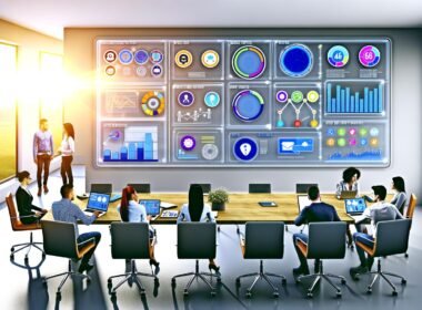 Stylisches Marketingbüro mit großem interaktivem Dashboard und professionellen Mitarbeitern, die Echtzeit-Marketingdaten von verschiedenen Plattformen analysieren.