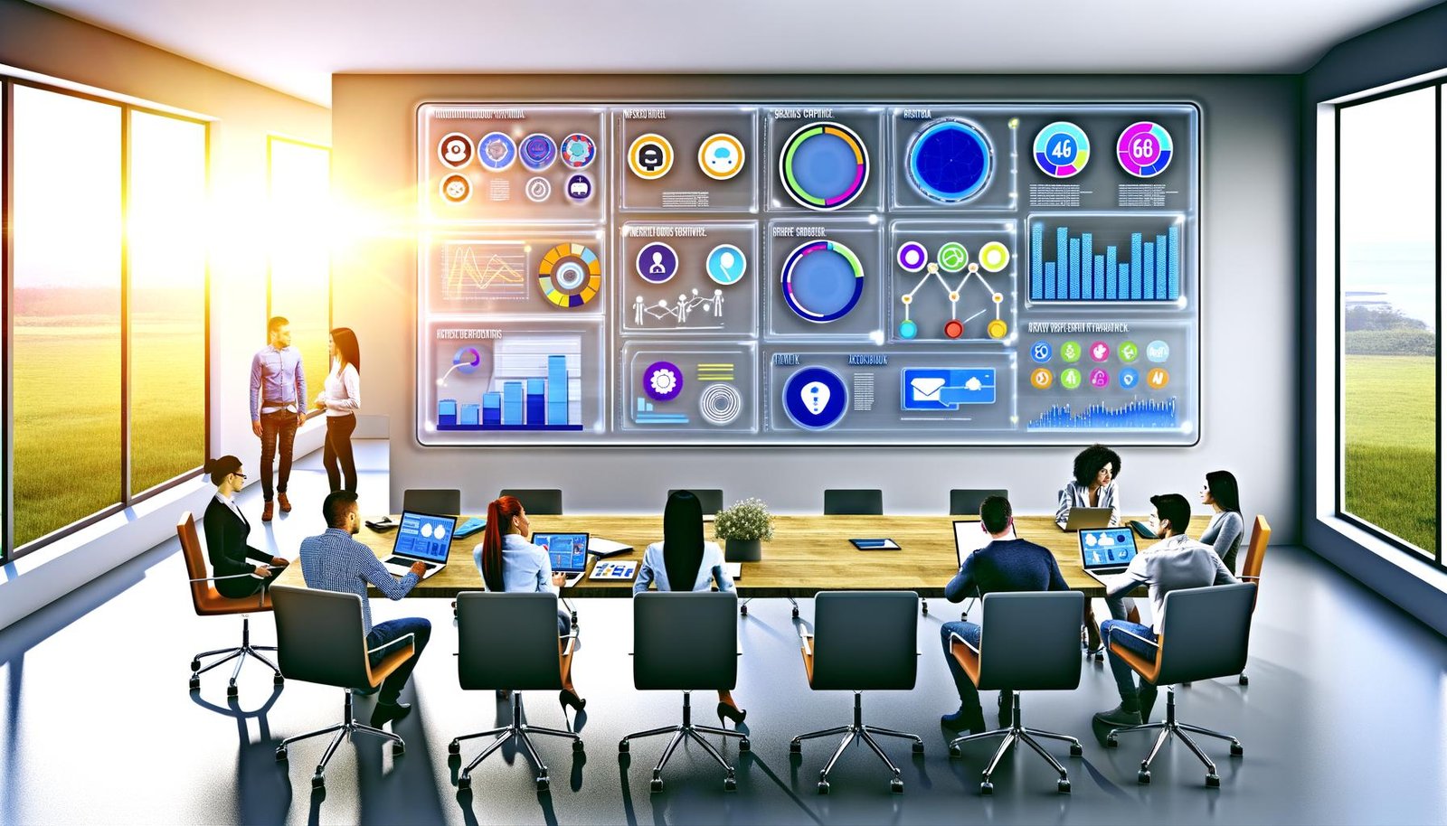 Stylisches Marketingbüro mit großem interaktivem Dashboard und professionellen Mitarbeitern, die Echtzeit-Marketingdaten von verschiedenen Plattformen analysieren.