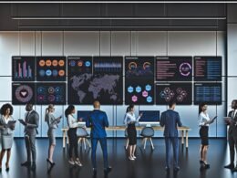 Marketing-Team betrachtet moderne, dynamische Dashboards auf großen Bildschirmen in einer High-Tech-Umgebung mit Tools wie Google Tag Manager, Tableau und Snowflake.