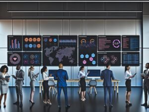 Marketing-Team betrachtet moderne, dynamische Dashboards auf großen Bildschirmen in einer High-Tech-Umgebung mit Tools wie Google Tag Manager, Tableau und Snowflake.