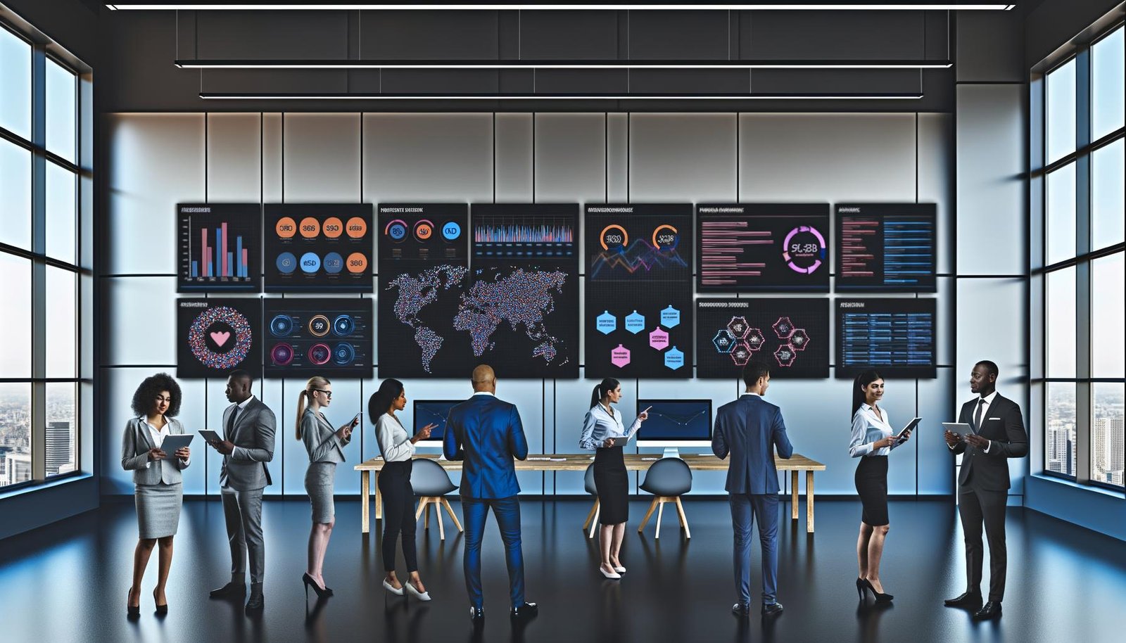 Marketing-Team betrachtet moderne, dynamische Dashboards auf großen Bildschirmen in einer High-Tech-Umgebung mit Tools wie Google Tag Manager, Tableau und Snowflake.