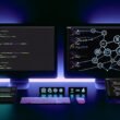 Visualisiertes Dashboard mit Headless WordPress-Backend, Next.js-Frontend im Dunkelmodus, verbunden durch API-Linien und umgeben von technischen Icons für moderne Webintegration.