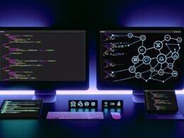 Visualisiertes Dashboard mit Headless WordPress-Backend, Next.js-Frontend im Dunkelmodus, verbunden durch API-Linien und umgeben von technischen Icons für moderne Webintegration.