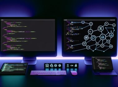 Visualisiertes Dashboard mit Headless WordPress-Backend, Next.js-Frontend im Dunkelmodus, verbunden durch API-Linien und umgeben von technischen Icons für moderne Webintegration.