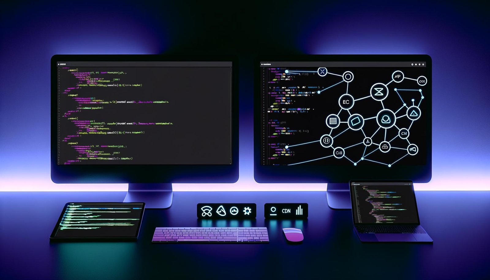 Visualisiertes Dashboard mit Headless WordPress-Backend, Next.js-Frontend im Dunkelmodus, verbunden durch API-Linien und umgeben von technischen Icons für moderne Webintegration.
