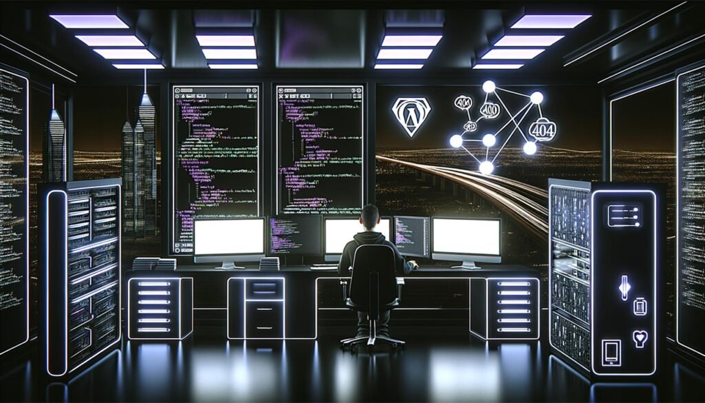 Futuristischer Entwickler an mehreren Monitoren mit Code und Dashboards für WordPress, Next.js und GraphQL in einem modernen, dunklen Workspace mit Serverracks, Datenströmen und leuchtenden Neonakzenten bei Nacht.