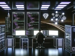 Futuristischer Entwickler an mehreren Monitoren mit Code und Dashboards für WordPress, Next.js und GraphQL in einem modernen, dunklen Workspace mit Serverracks, Datenströmen und leuchtenden Neonakzenten bei Nacht.