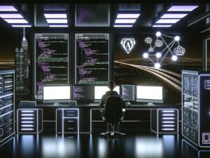 Futuristischer Entwickler an mehreren Monitoren mit Code und Dashboards für WordPress, Next.js und GraphQL in einem modernen, dunklen Workspace mit Serverracks, Datenströmen und leuchtenden Neonakzenten bei Nacht.