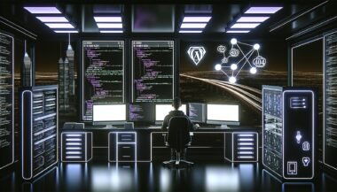 Futuristischer Entwickler an mehreren Monitoren mit Code und Dashboards für WordPress, Next.js und GraphQL in einem modernen, dunklen Workspace mit Serverracks, Datenströmen und leuchtenden Neonakzenten bei Nacht.