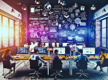 Junge Professionals entwickeln konzentriert Content-Entwürfe an großen Bildschirmen in moderner Redaktion, mit Whiteboard, Tablets, Diagrammen und digitalen Workflow-Symbolen.