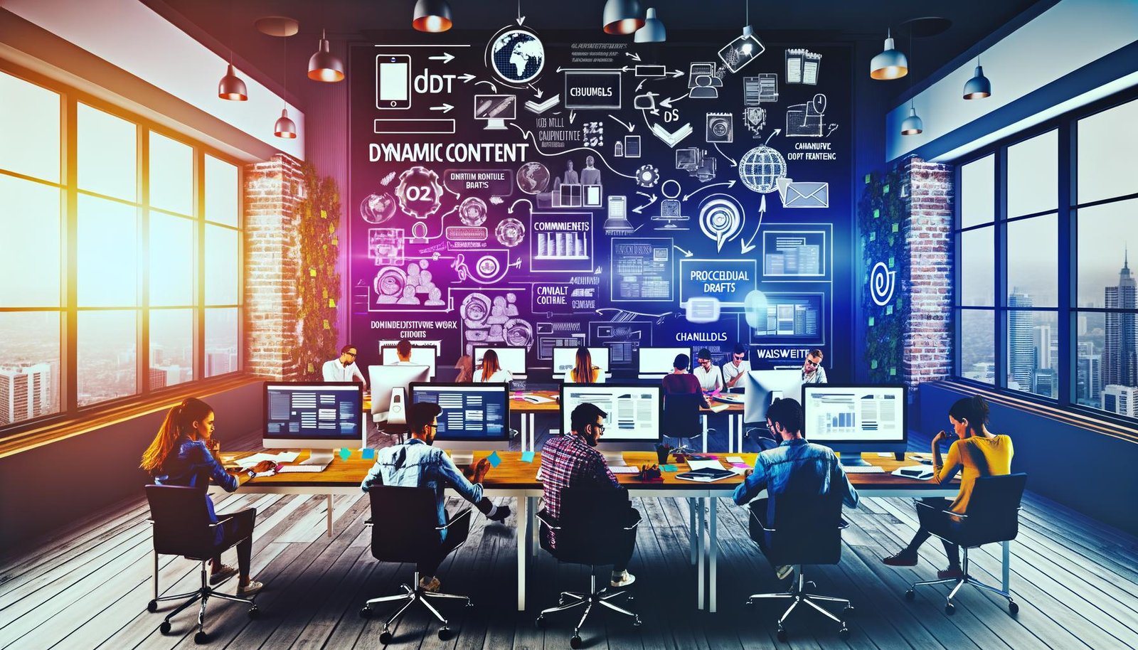 Junge Professionals entwickeln konzentriert Content-Entwürfe an großen Bildschirmen in moderner Redaktion, mit Whiteboard, Tablets, Diagrammen und digitalen Workflow-Symbolen.