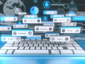 Abbildung eines modernen WordPress Dashboards mit klaren Navigationsstrukturen, Performance-Charts, Core Web Vitals, SEO-Grafiken und 404 Error Symbolen im minimalistischen Design.