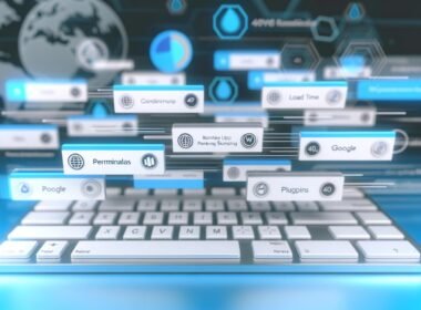 Abbildung eines modernen WordPress Dashboards mit klaren Navigationsstrukturen, Performance-Charts, Core Web Vitals, SEO-Grafiken und 404 Error Symbolen im minimalistischen Design.