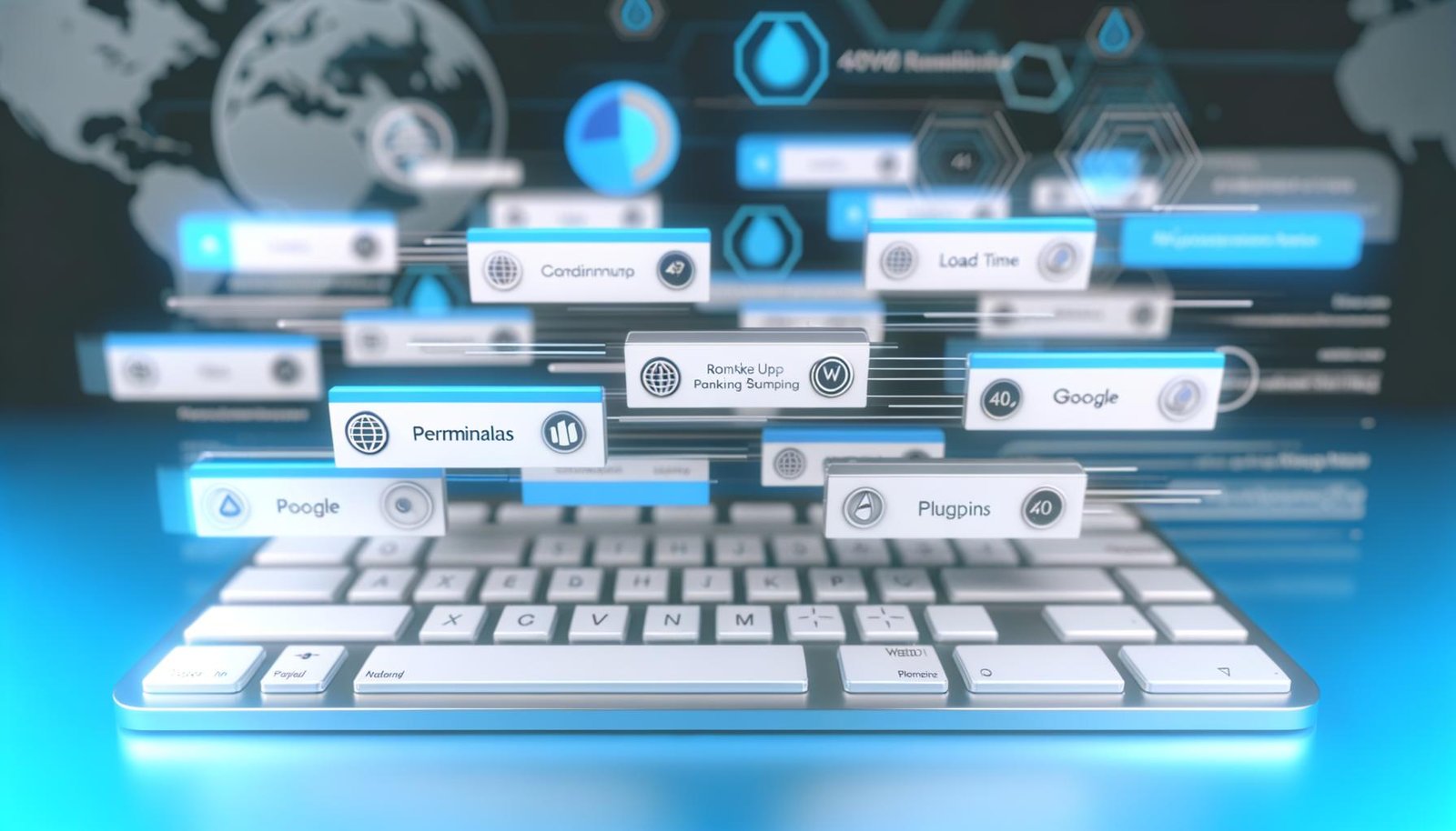 Abbildung eines modernen WordPress Dashboards mit klaren Navigationsstrukturen, Performance-Charts, Core Web Vitals, SEO-Grafiken und 404 Error Symbolen im minimalistischen Design.