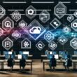 Stylischer digitaler Arbeitsplatz mit Dashboard, verknüpften Content-Tools wie Notion, Trello, Figma, API-Knoten, kollaborierenden Nutzern und projizierten Analytics-Grafiken in einem modernen Büro.