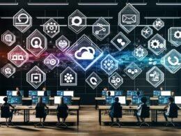 Stylischer digitaler Arbeitsplatz mit Dashboard, verknüpften Content-Tools wie Notion, Trello, Figma, API-Knoten, kollaborierenden Nutzern und projizierten Analytics-Grafiken in einem modernen Büro.