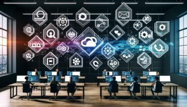 Stylischer digitaler Arbeitsplatz mit Dashboard, verknüpften Content-Tools wie Notion, Trello, Figma, API-Knoten, kollaborierenden Nutzern und projizierten Analytics-Grafiken in einem modernen Büro.
