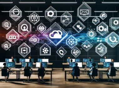 Stylischer digitaler Arbeitsplatz mit Dashboard, verknüpften Content-Tools wie Notion, Trello, Figma, API-Knoten, kollaborierenden Nutzern und projizierten Analytics-Grafiken in einem modernen Büro.