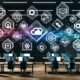 Stylischer digitaler Arbeitsplatz mit Dashboard, verknüpften Content-Tools wie Notion, Trello, Figma, API-Knoten, kollaborierenden Nutzern und projizierten Analytics-Grafiken in einem modernen Büro.