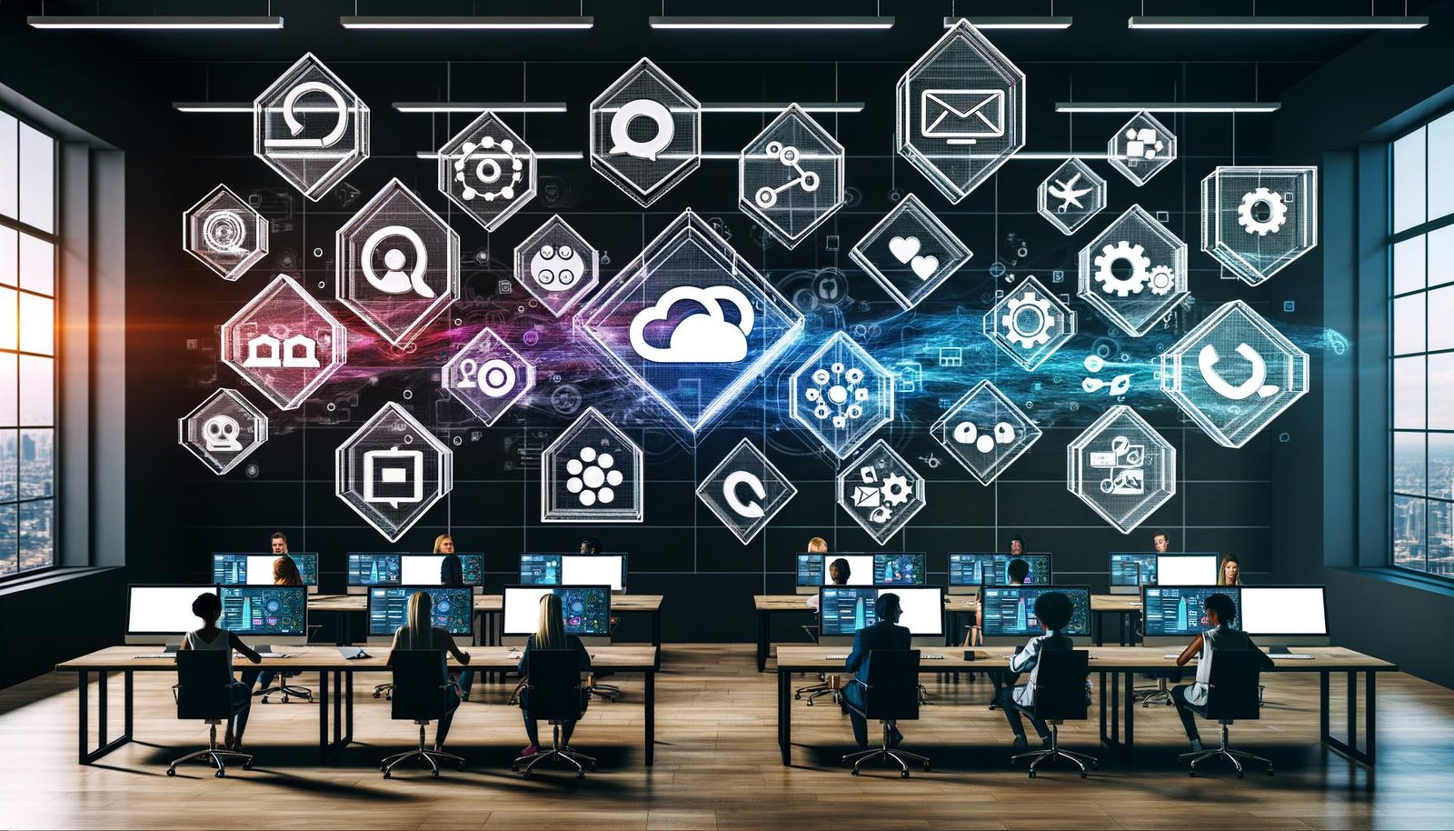 Stylischer digitaler Arbeitsplatz mit Dashboard, verknüpften Content-Tools wie Notion, Trello, Figma, API-Knoten, kollaborierenden Nutzern und projizierten Analytics-Grafiken in einem modernen Büro.