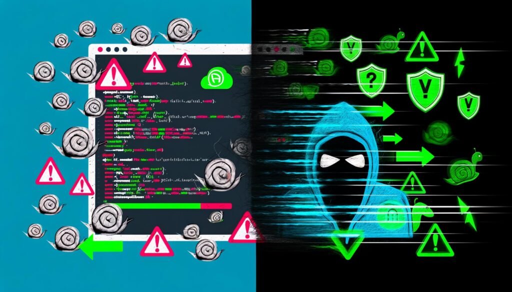 Geteiltes Digitalbild mit einer chaotischen WordPress-Ansicht voller Probleme auf der linken und einer leistungsfähigen statischen Website mit Sicherheits- und Geschwindigkeits-Symbolen auf der rechten Seite.