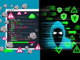 Geteiltes Digitalbild mit einer chaotischen WordPress-Ansicht voller Probleme auf der linken und einer leistungsfähigen statischen Website mit Sicherheits- und Geschwindigkeits-Symbolen auf der rechten Seite.