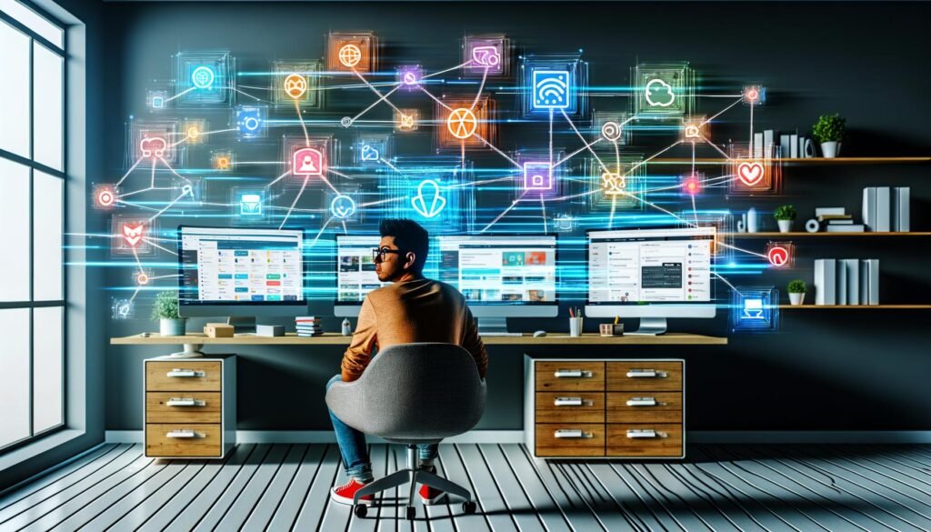 Junger Creator an einem modernen Multiscreen-Workspace mit digitalen Tools, Datenströmen und Icons von Plattformen wie WordPress, Shopify, Mailchimp, Zapier und Google Analytics in einem effizienten Home-Office.
