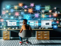 Junger Creator an einem modernen Multiscreen-Workspace mit digitalen Tools, Datenströmen und Icons von Plattformen wie WordPress, Shopify, Mailchimp, Zapier und Google Analytics in einem effizienten Home-Office.