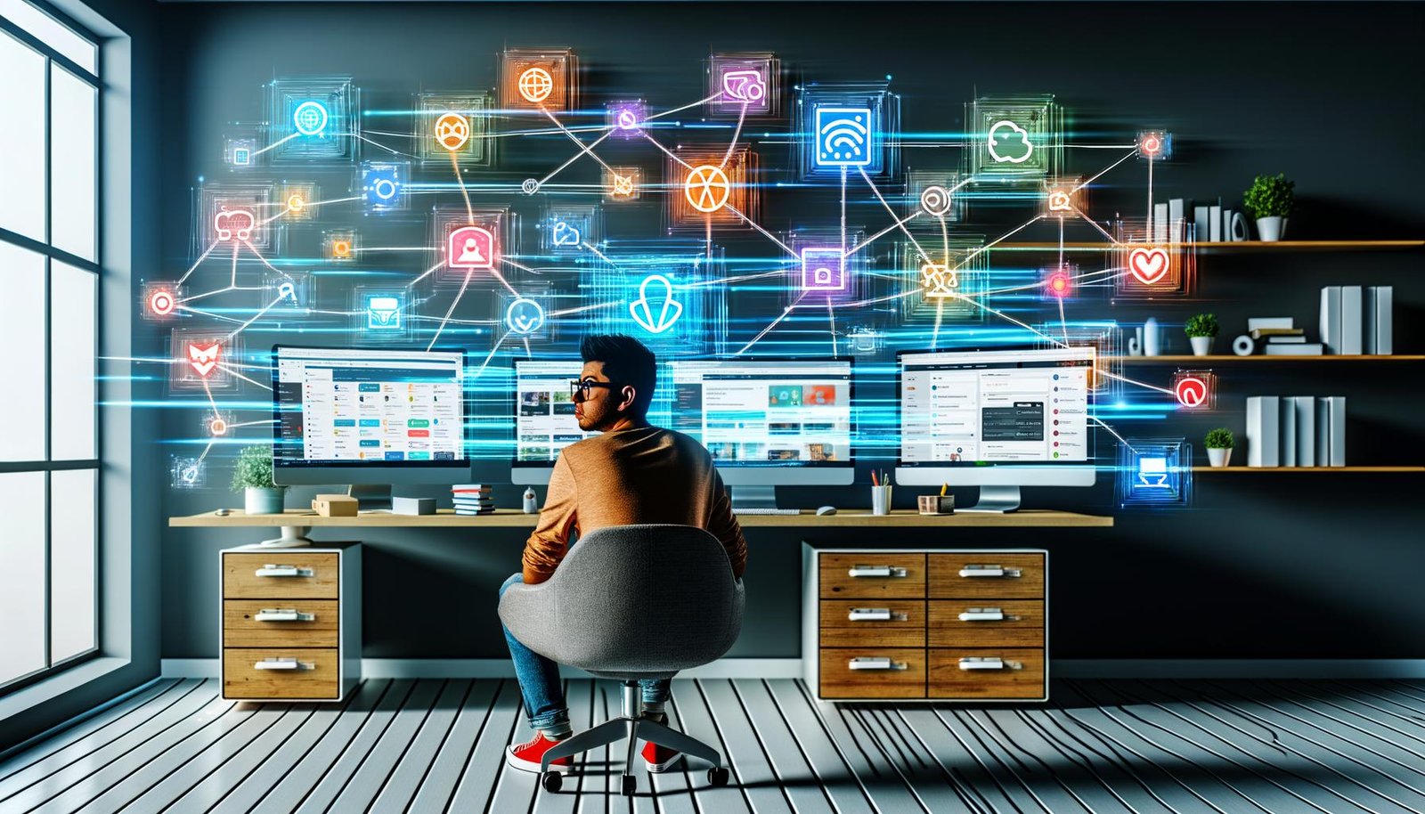 Junger Creator an einem modernen Multiscreen-Workspace mit digitalen Tools, Datenströmen und Icons von Plattformen wie WordPress, Shopify, Mailchimp, Zapier und Google Analytics in einem effizienten Home-Office.