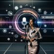 Person im modernen Studio spricht in Mikrofon vor leuchtenden digitalen Audio-Wellenformen, Sprachtranskription und Amazon Music-Logo auf virtuellen Bildschirmen.