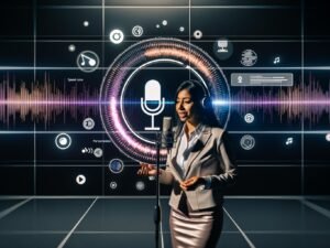 Person im modernen Studio spricht in Mikrofon vor leuchtenden digitalen Audio-Wellenformen, Sprachtranskription und Amazon Music-Logo auf virtuellen Bildschirmen.