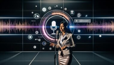 Person im modernen Studio spricht in Mikrofon vor leuchtenden digitalen Audio-Wellenformen, Sprachtranskription und Amazon Music-Logo auf virtuellen Bildschirmen.