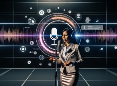 Person im modernen Studio spricht in Mikrofon vor leuchtenden digitalen Audio-Wellenformen, Sprachtranskription und Amazon Music-Logo auf virtuellen Bildschirmen.