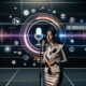 Person im modernen Studio spricht in Mikrofon vor leuchtenden digitalen Audio-Wellenformen, Sprachtranskription und Amazon Music-Logo auf virtuellen Bildschirmen.