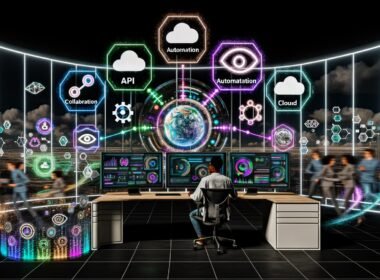 Modernes, futuristisches Content-Studio mit Kreativen an einem Schreibtisch, ultradünnen Monitoren, bunten Dashboards, KI-Tools und holographischen Icons, während Teammitglieder digital zusammenarbeiten.