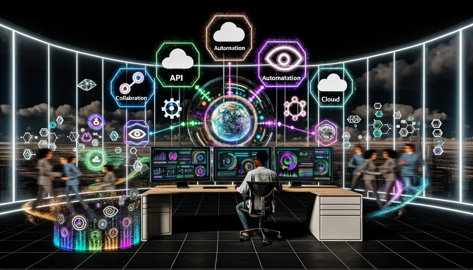 Modernes, futuristisches Content-Studio mit Kreativen an einem Schreibtisch, ultradünnen Monitoren, bunten Dashboards, KI-Tools und holographischen Icons, während Teammitglieder digital zusammenarbeiten.