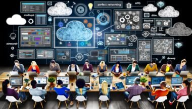 Diverse Kreativteams arbeiten in moderner, digital vernetzter Büroumgebung an Laptops und großen Touchscreens mit Dashboards und Content-Hub.