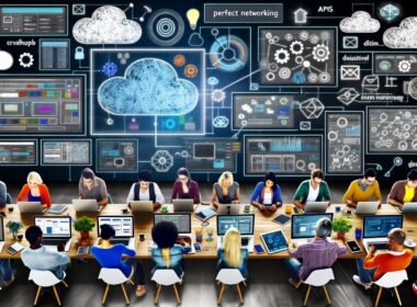 Diverse Kreativteams arbeiten in moderner, digital vernetzter Büroumgebung an Laptops und großen Touchscreens mit Dashboards und Content-Hub.